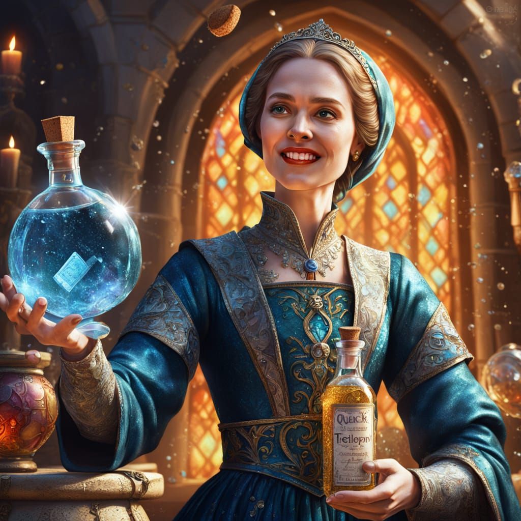 Medieval Woman Holds Sparkling Potion Bottle
