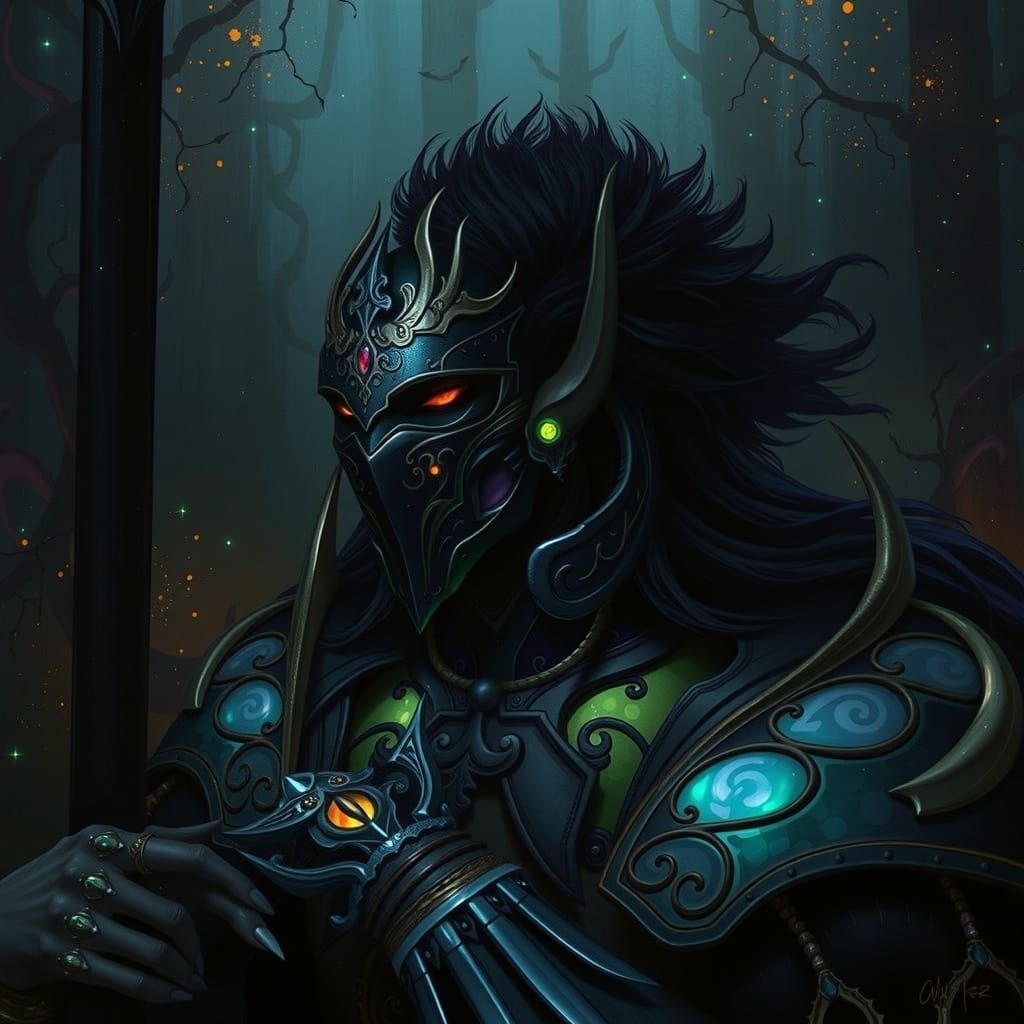 Dark Fantasy Drow Elf Samurai in Ornate Art Nouveau Armor
