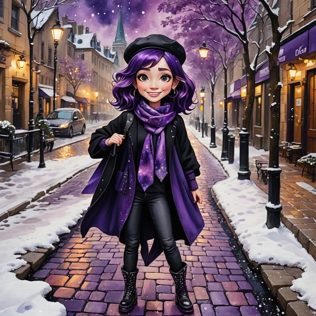 Anime Caricature in Snowy Paris, Pixar-Inspired Art