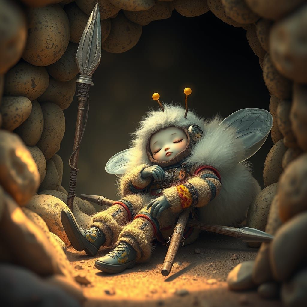 Sleeping Bee Guard in Dreamy Whimsical Scene