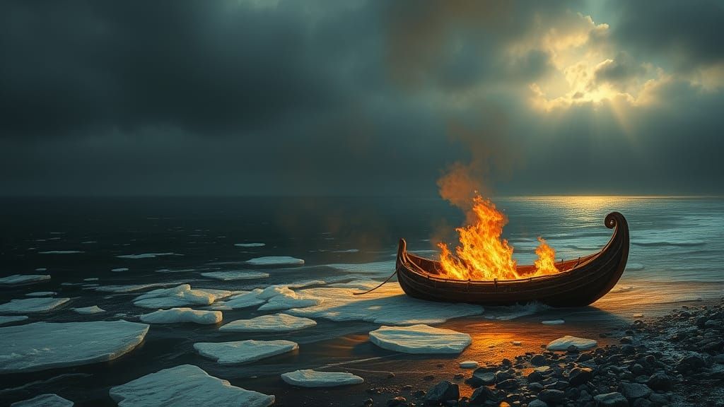 Burning Viking Boat Drifts on Icy Ocean Horizon