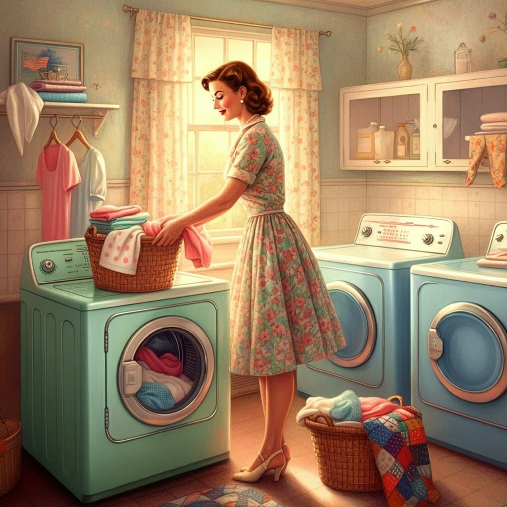 Woman Loading Vintage Washing Machine in Retro Laundry Room