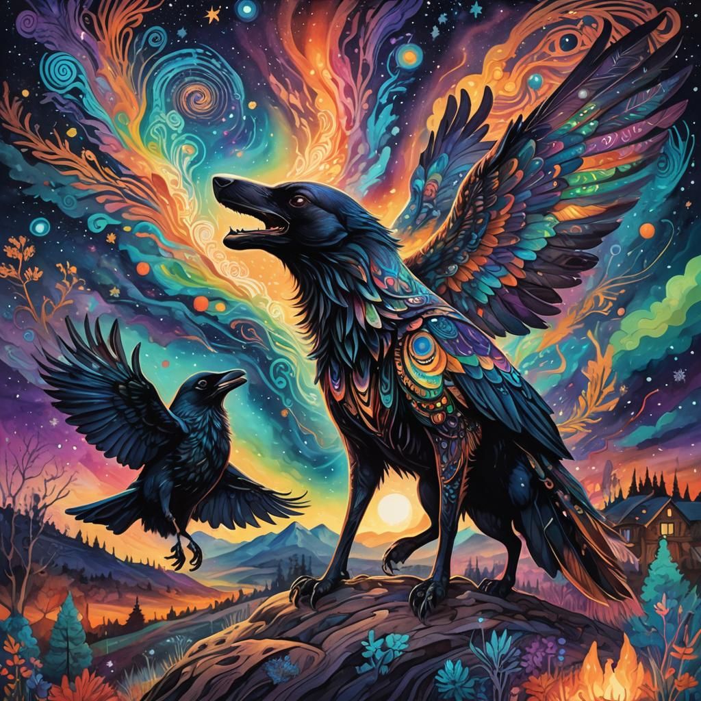 Crow and Coyote Gift in Visionary Art Style