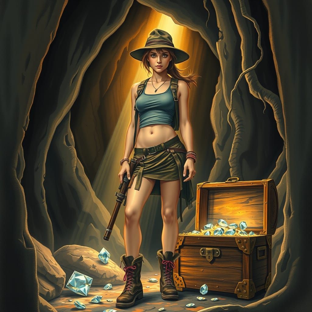 Female Explorer in Cave with Treasure: Cinematic Adventure