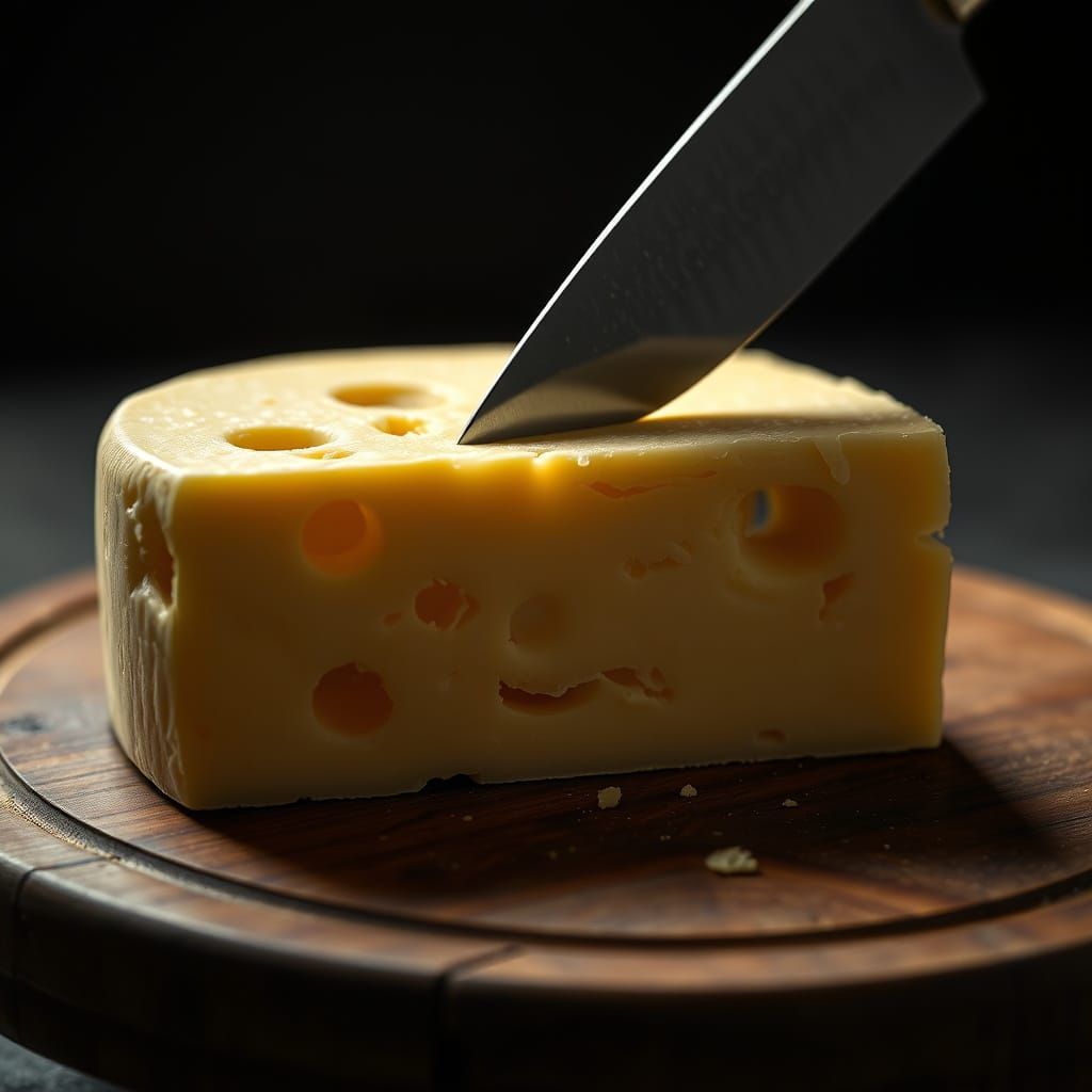 Artisanal Swiss Cheese Sliced on a Wooden Chopping Board