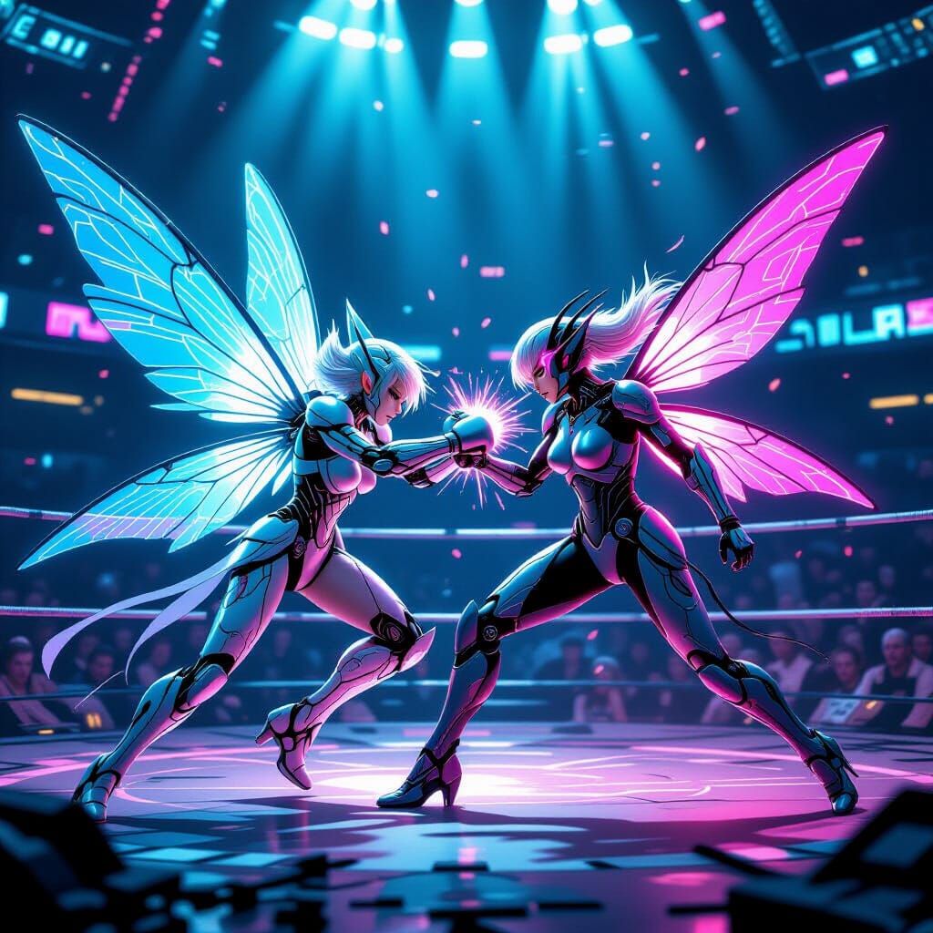 Cyborg Fairies Clash in a Neon Arena