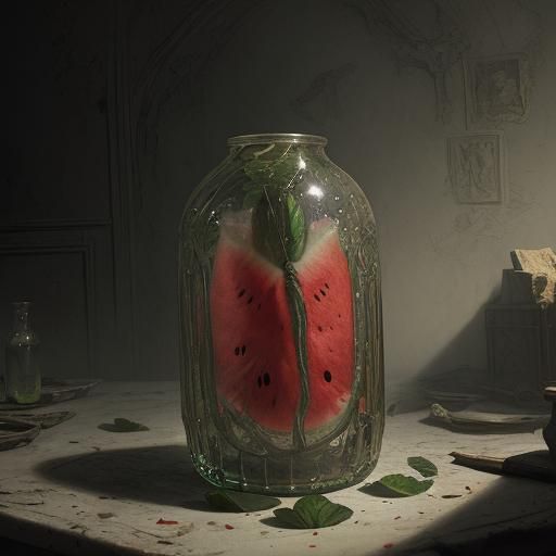 Transparent Watermelon in Horror Engraving Style