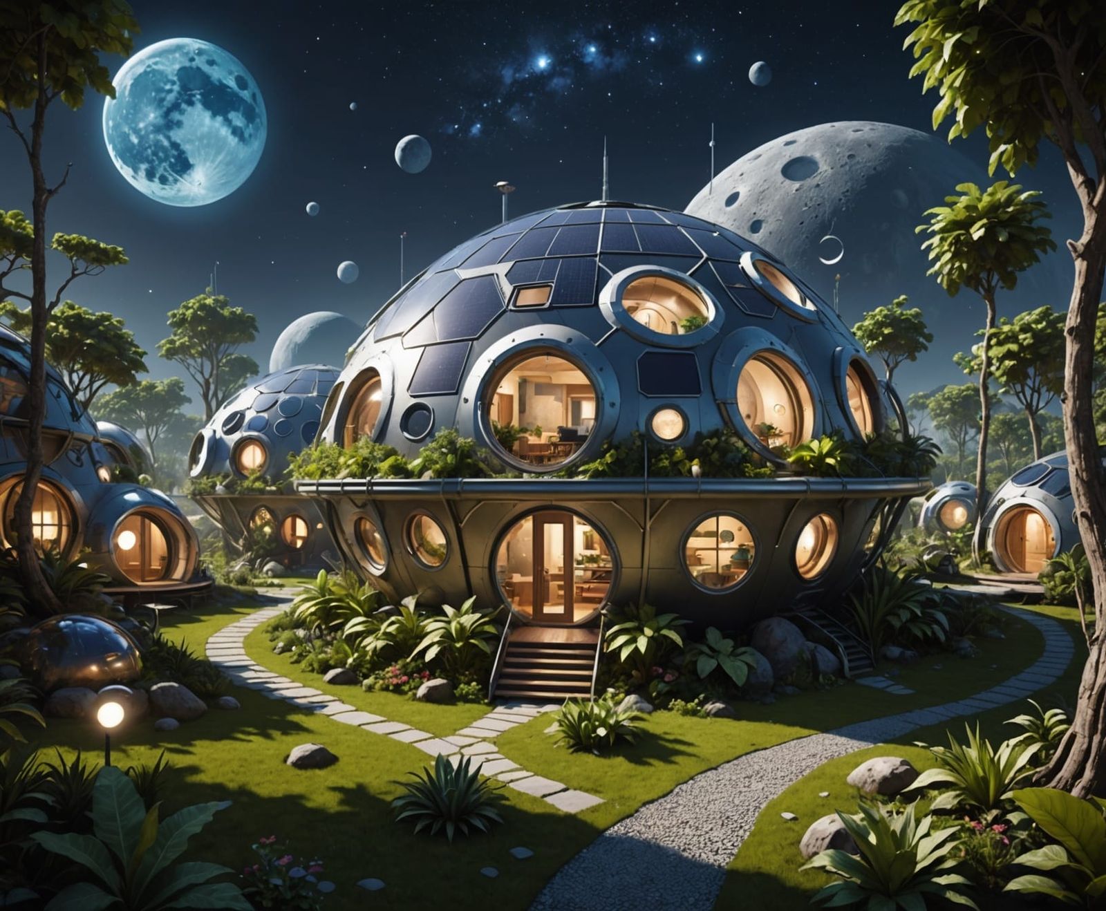 Surreal Solarpunk Lunar Village Radiates Peace and Harmony