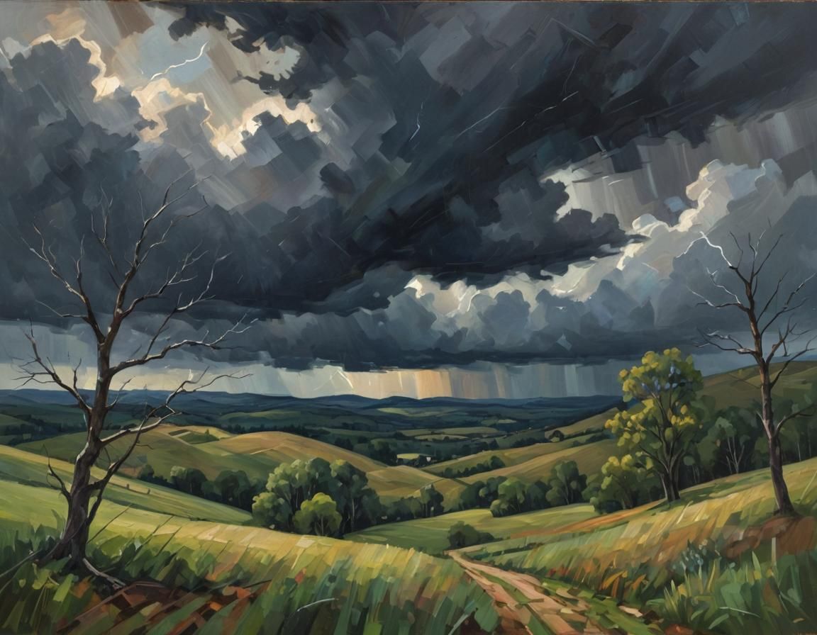 Cubist Landscape Painting Before the Storm