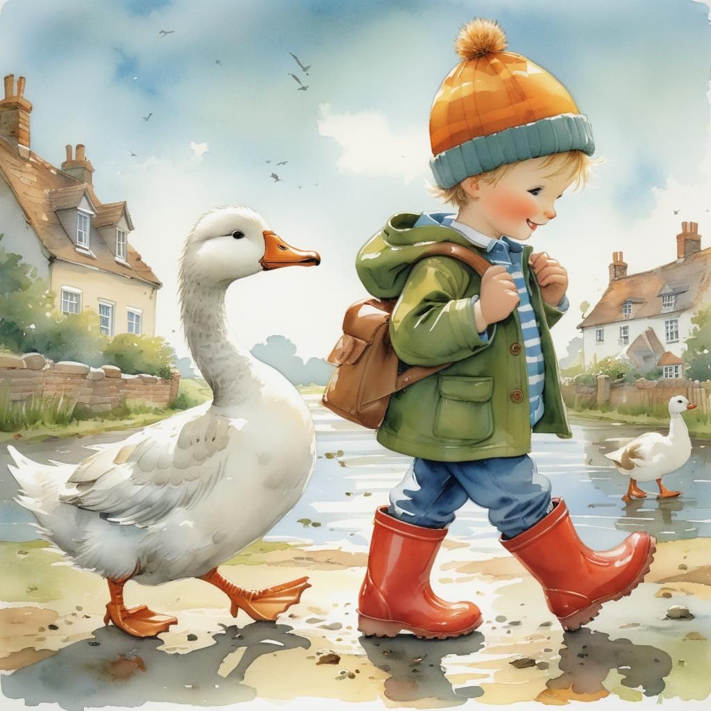 Boy and Goose Walk, Children's Book Illustration