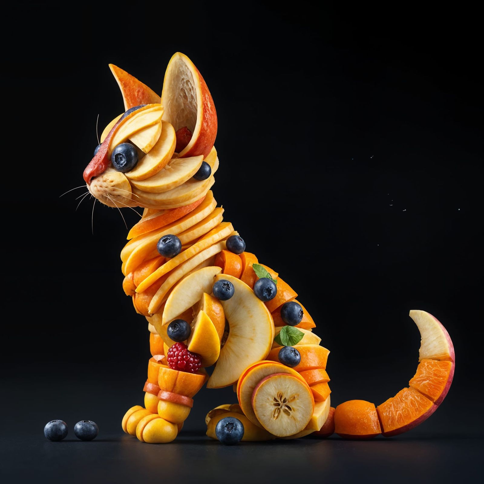Vibrant Feline Fruit Sculpture in Fantastical Matte Painting