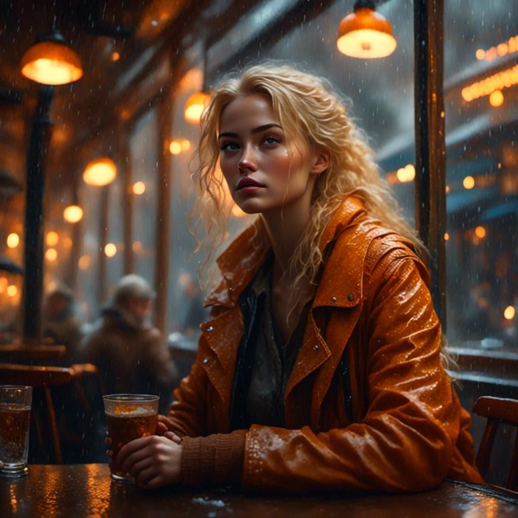 Rainy Cafe Scene with Platinum Blonde Woman