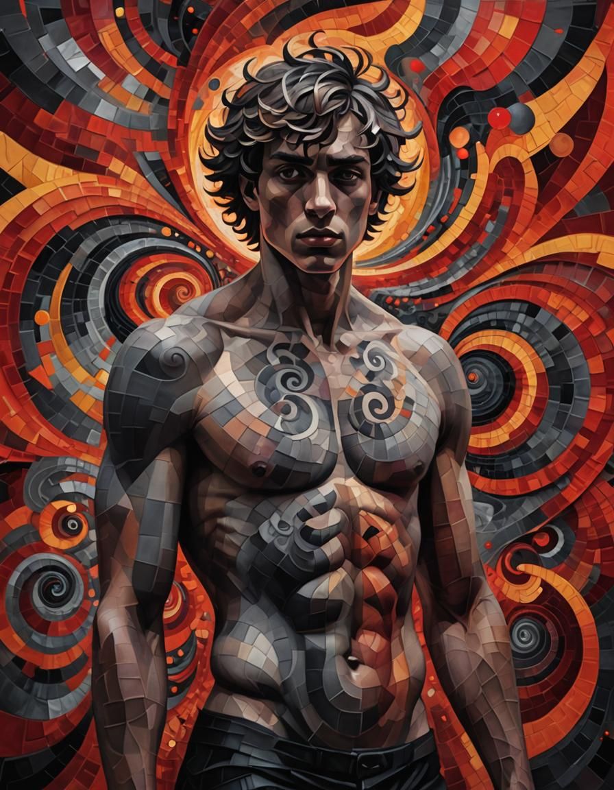 Pixelated Man Stares Into Vortex: Surreal Abstract Art