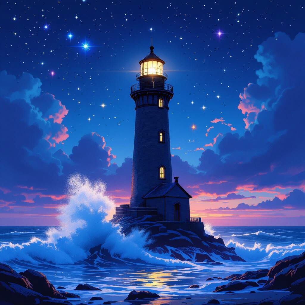 Majestic Lighthouse at Night in Dreamy Sci-Fi Style