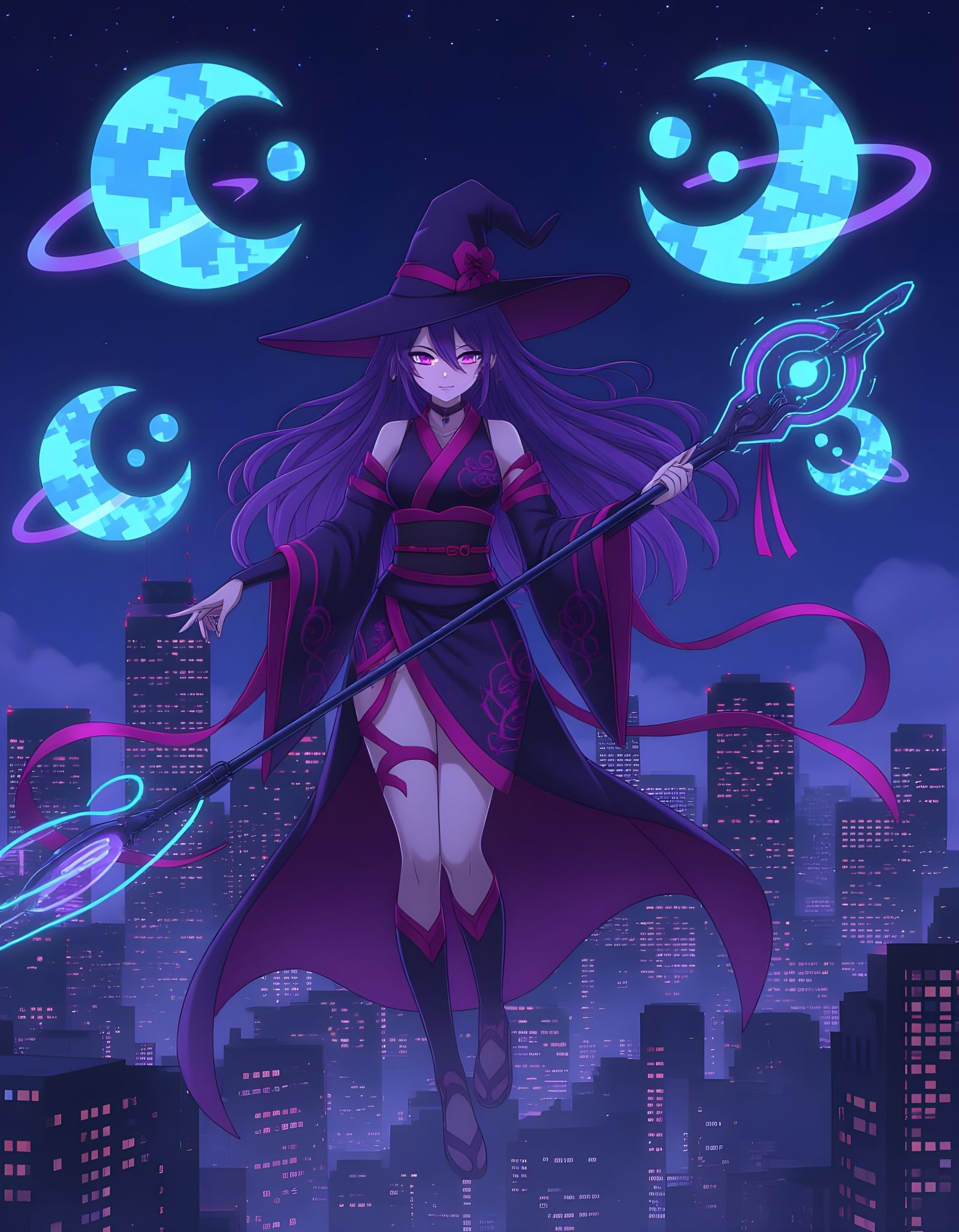 Mysterious Anime Witch Over Futuristic Tokyo
