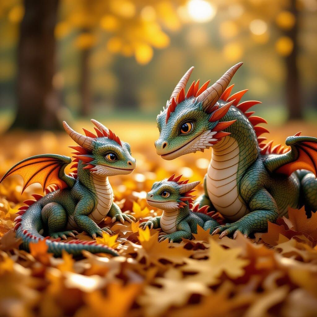 Two Baby Dragons Play in Fall Leaves Watched by Mother