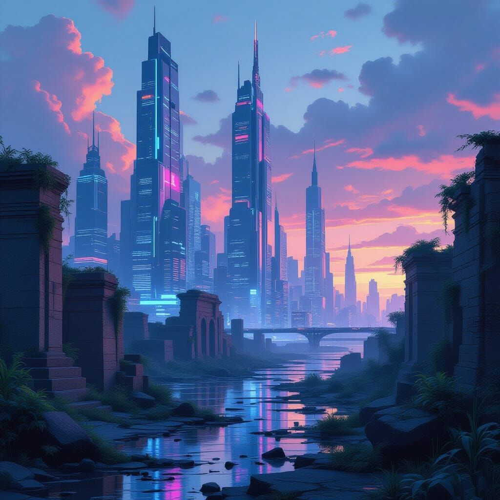 Cyberpunk Cityscape Juxtaposes Future and Ancient Past