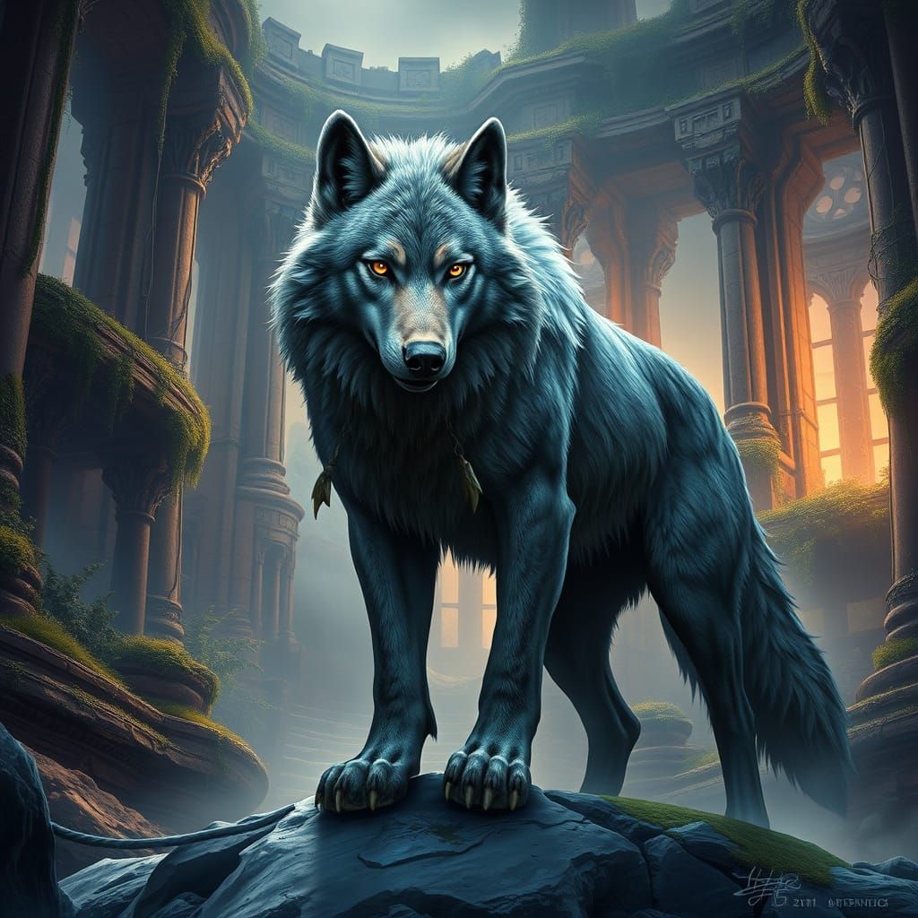 Majestic Dire Wolf in Fantasy Landscape
