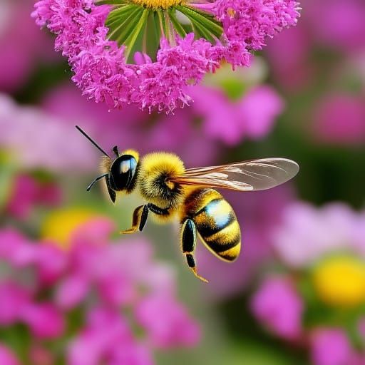 Honey Bee Among Flowers in Detailed Digital Art