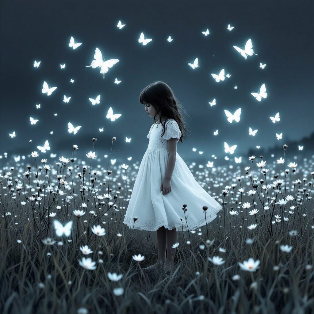 Melancholy Girl in Barren Field with Ethereal Butterflies