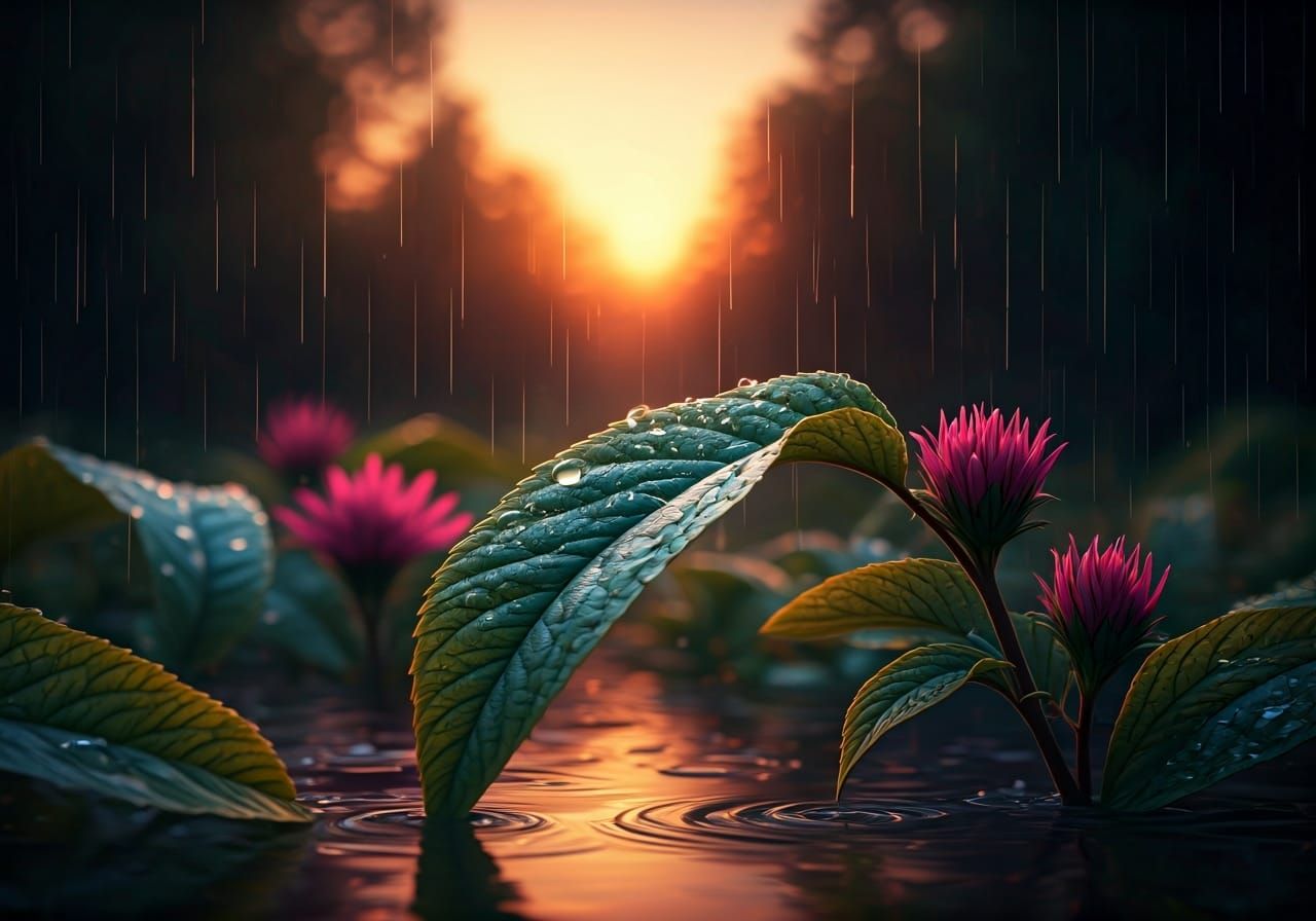 Summer Rain at Sunrise: Hyperrealistic Floral Details