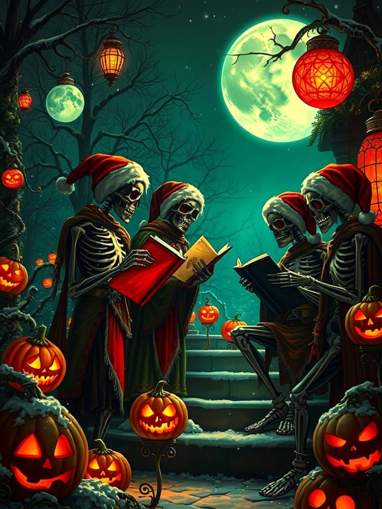 Skeletal Carolers at a Spooky Festival