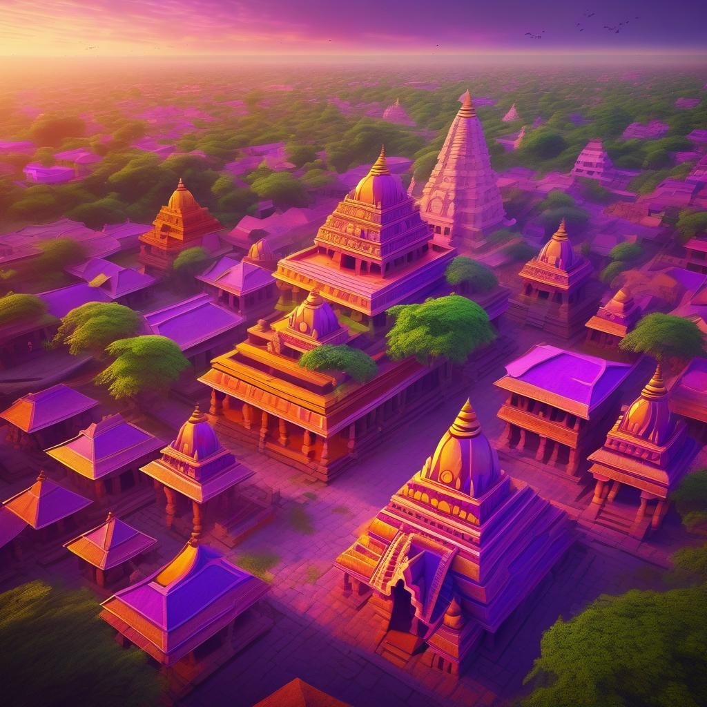 Mystic Ancient Indian Townscape at Sunset: Aerial View