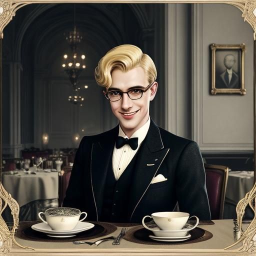 British Fop with Wire Rims in Dining Hall