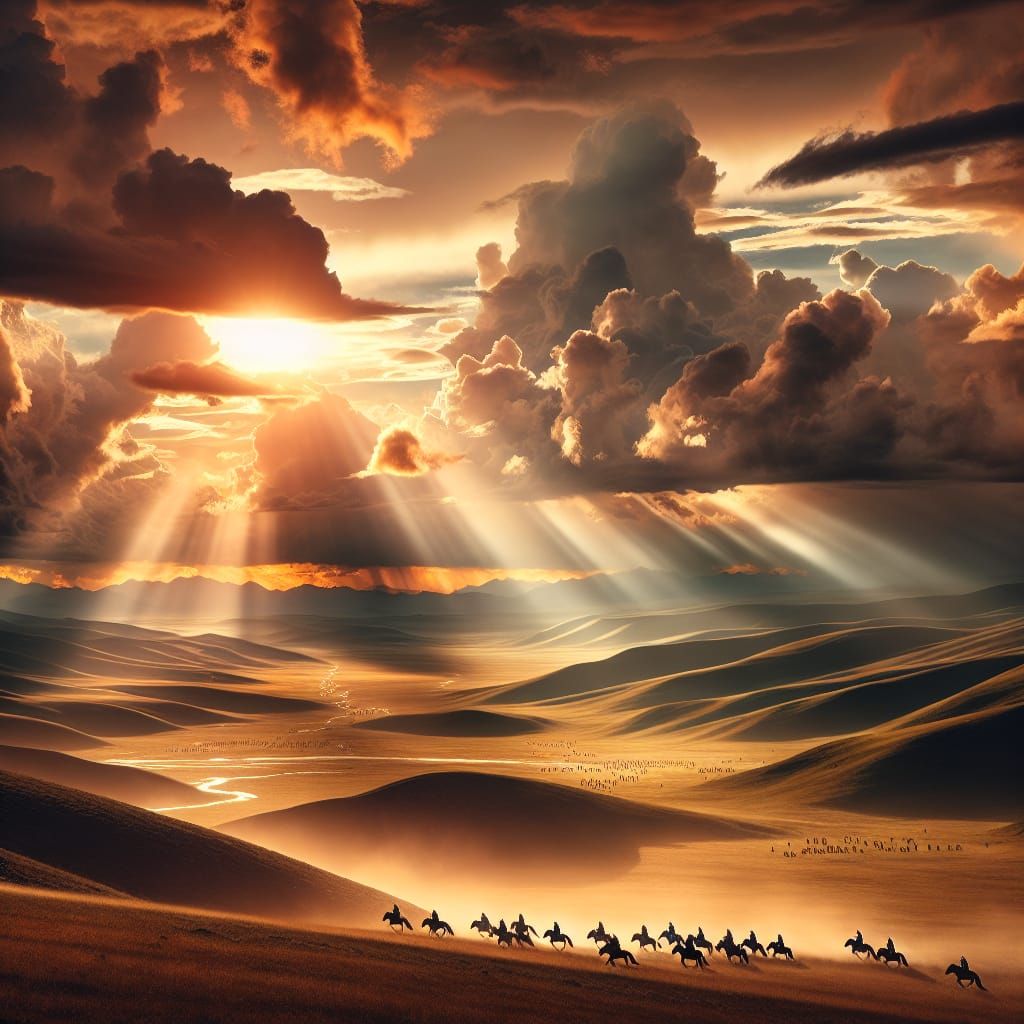 Epic Mongolian Plains with Distant Horse Riders