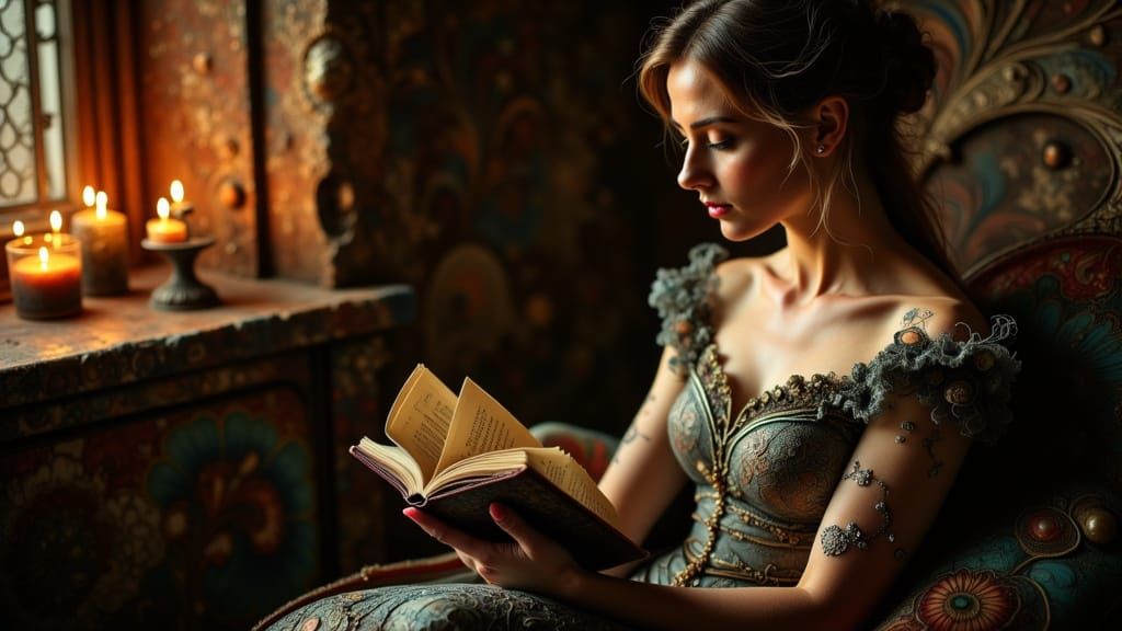 Victorian Woman Reading by Candlelight in Dutch Masters Styl...