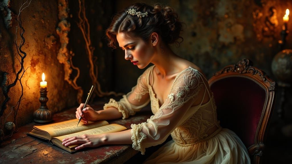 Victorian Woman Reading by Candlelight