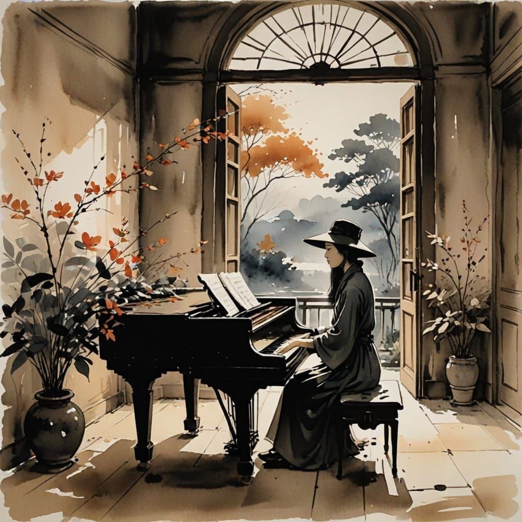 Woman Playing Piano in Moonlit Opera House