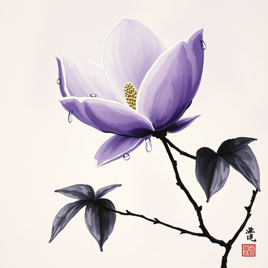 Purple Magnolia Blooms in Monochromatic Ink, Inspired by Tra...