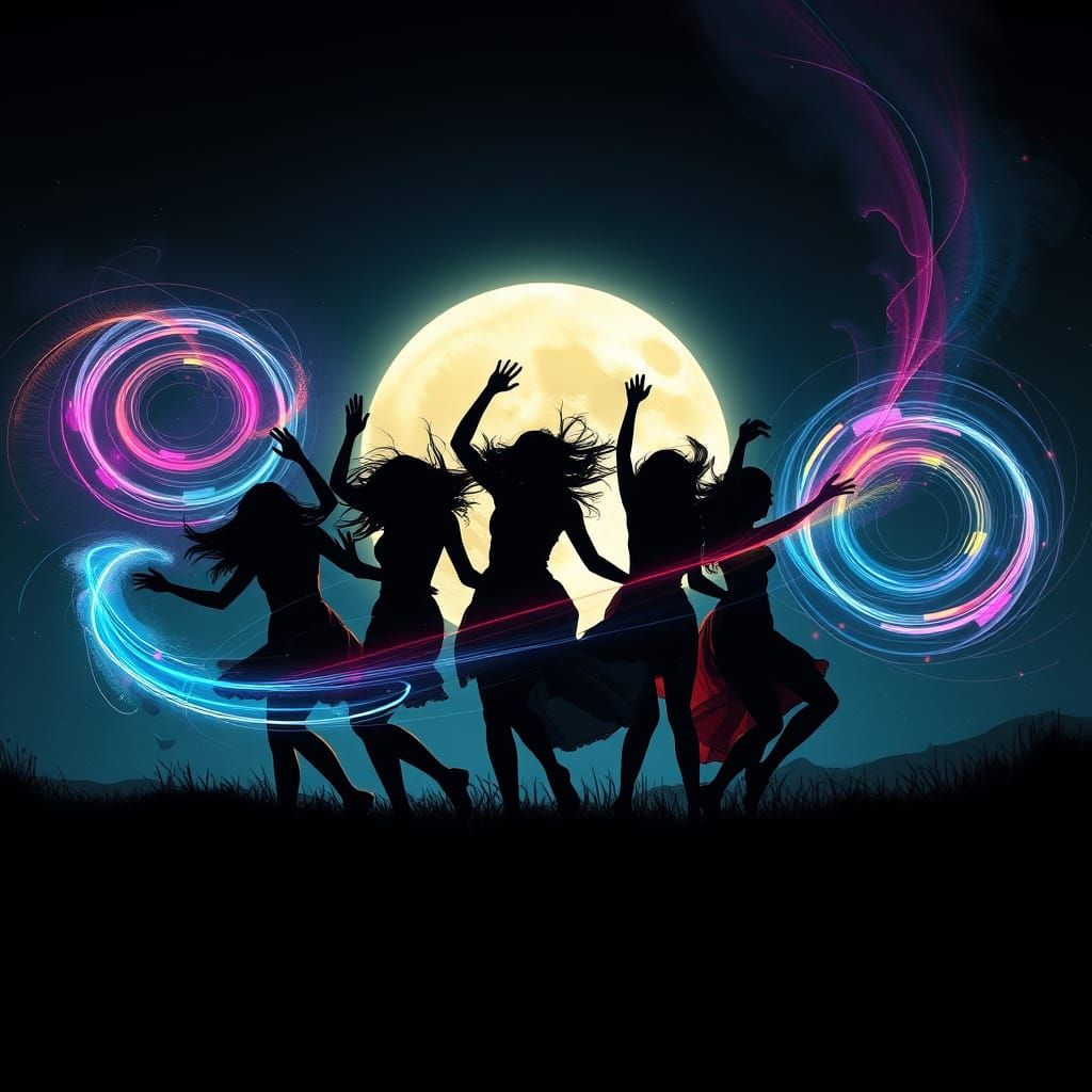 Dancing Women Under Starry Moonlit Night with Whimsical Come...