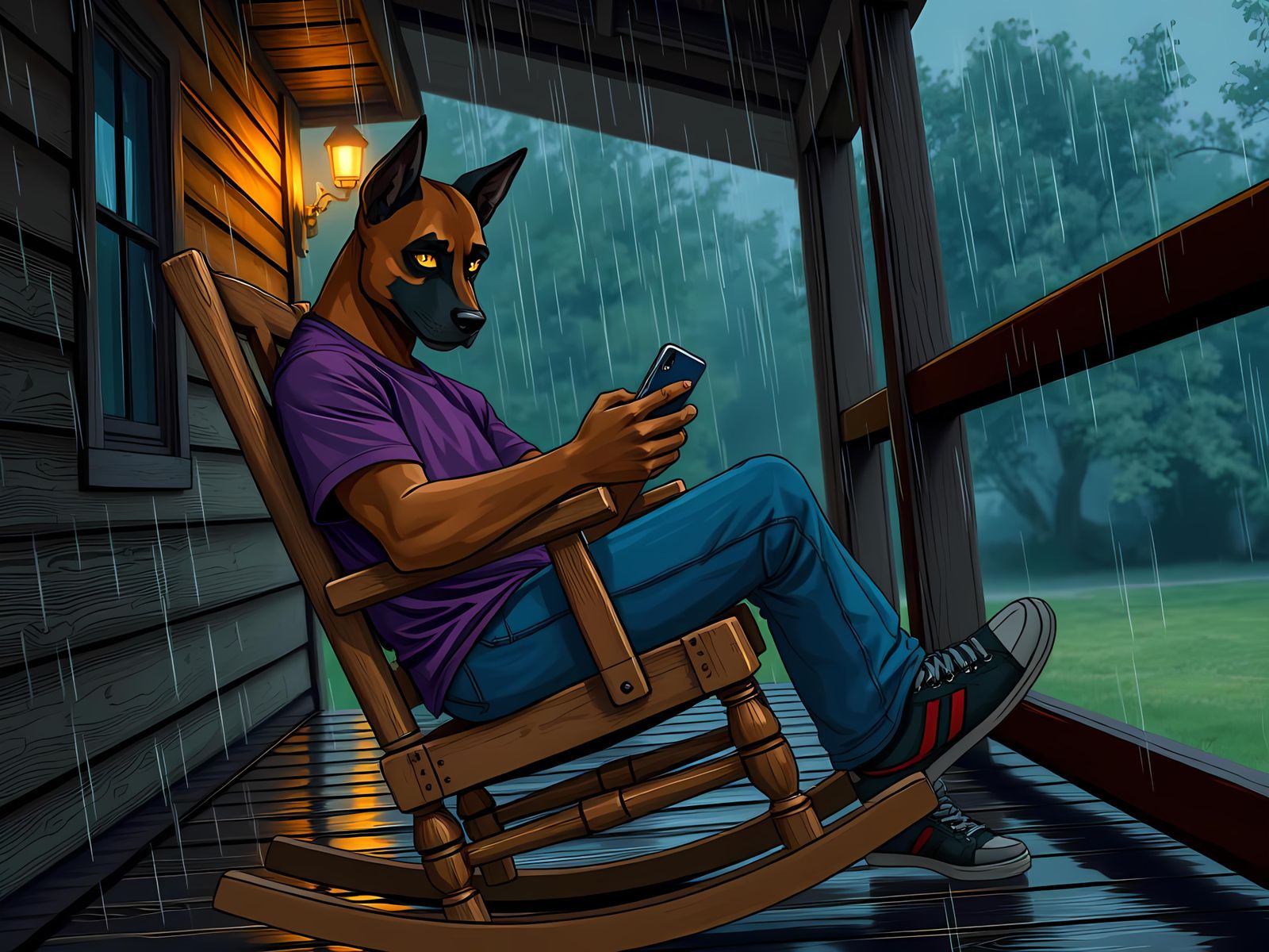Lycan Boxer Hound Relaxing on Porch in the Rain