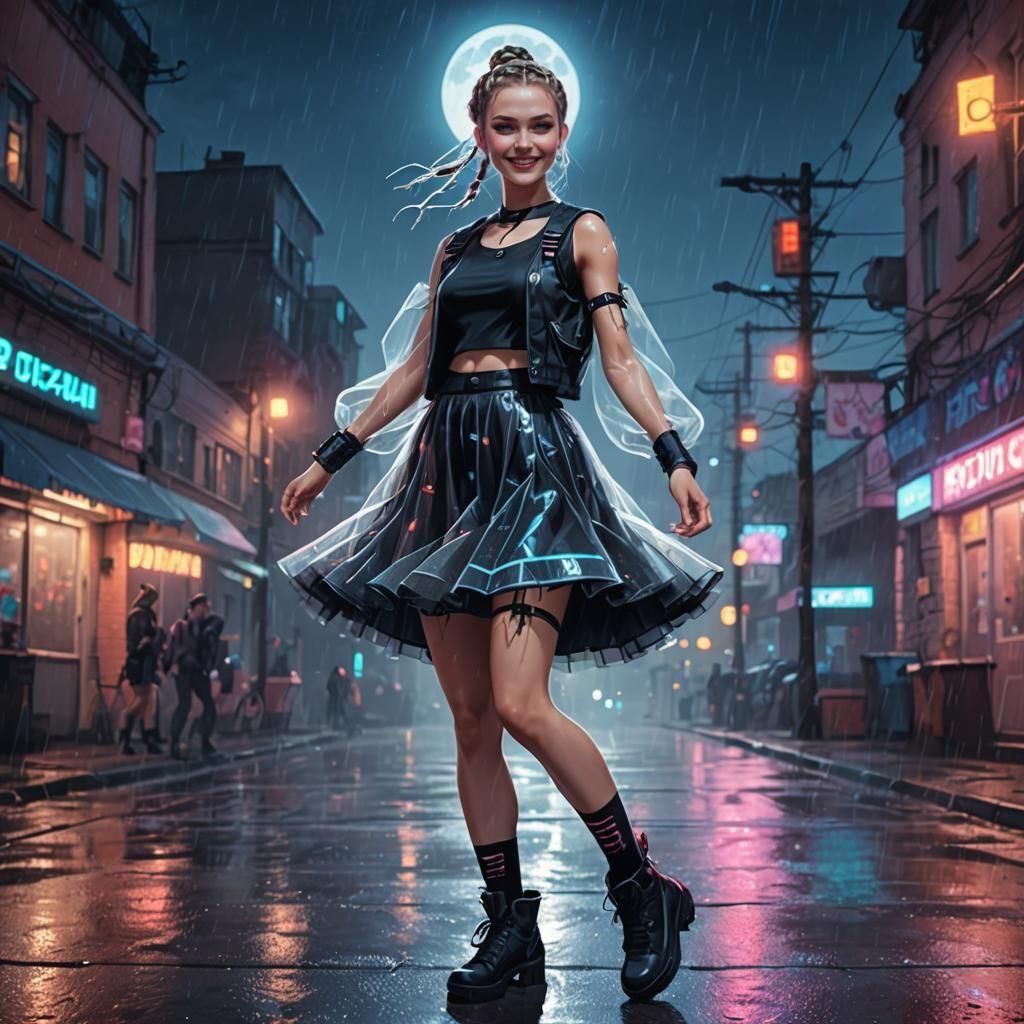 Cyberpunk Model Dancing in Moonlight with Braids