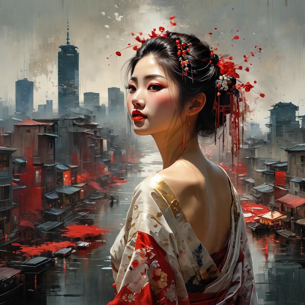 Ethereal Japanese Geisha in Red Tulle, Fine Art
