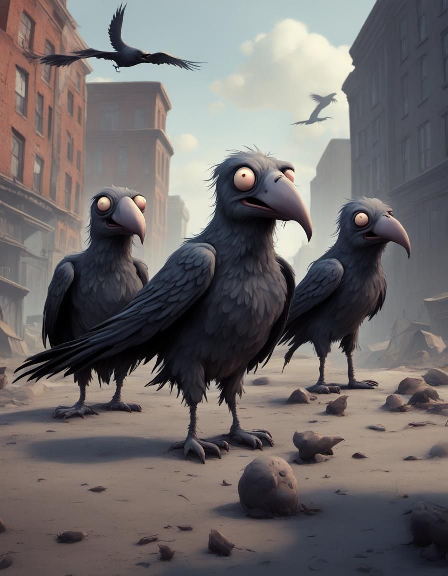 Cartoon Zombie Crows in Dumbo Style: CGI Rendering
