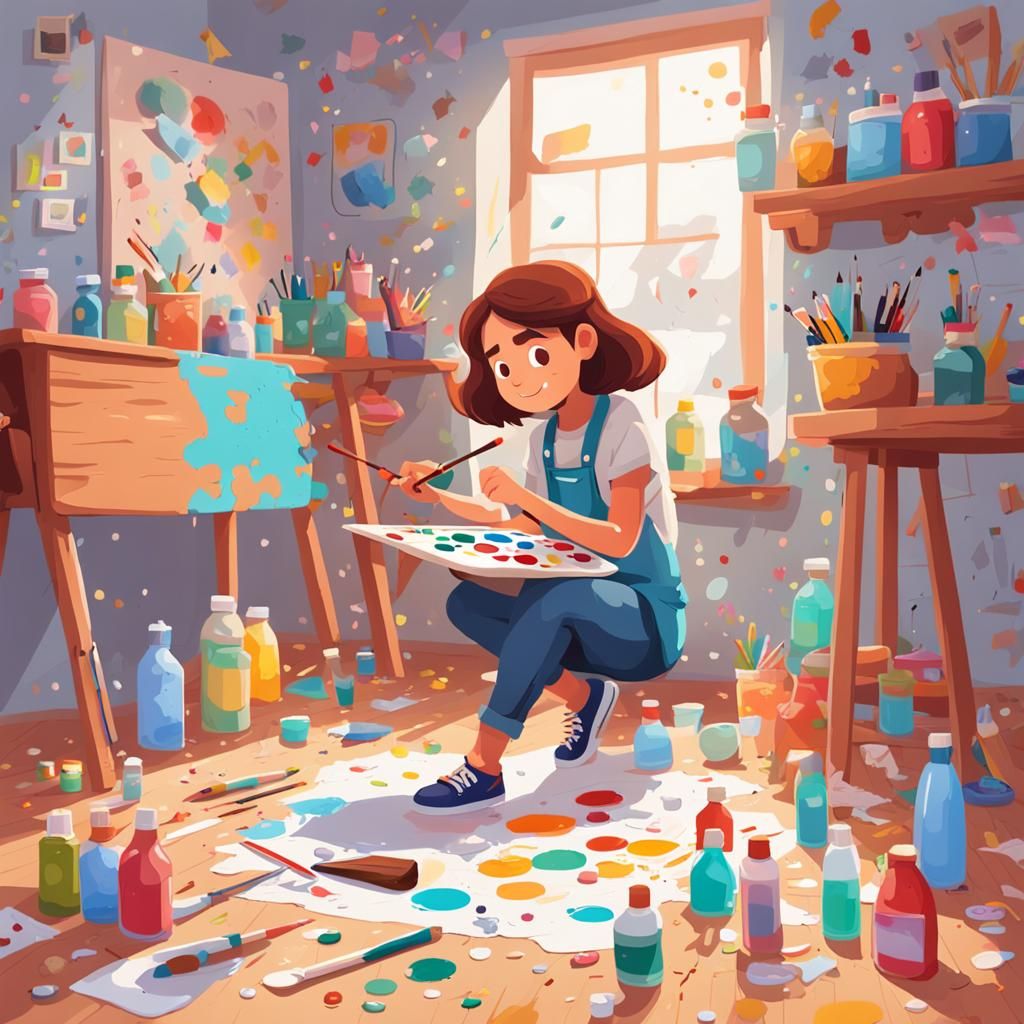 Happy Artist in Studio: Cute Cartoon Painting