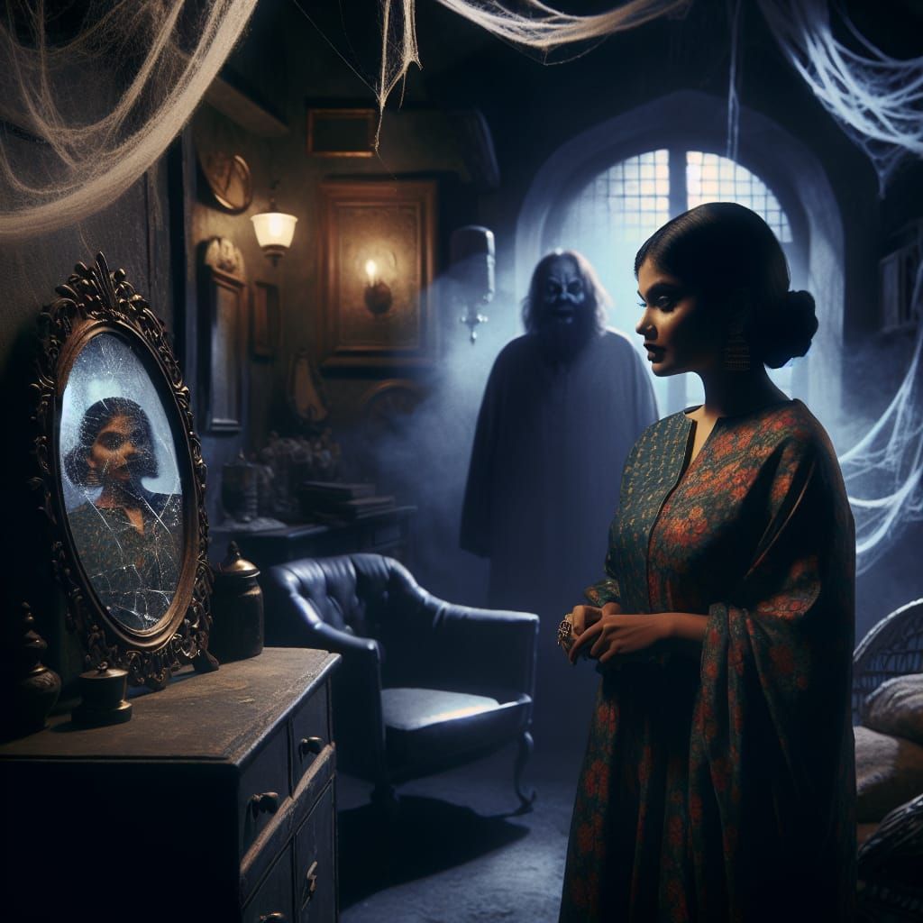 Eerie Den: Woman, Mirror, and Shadowy Figure