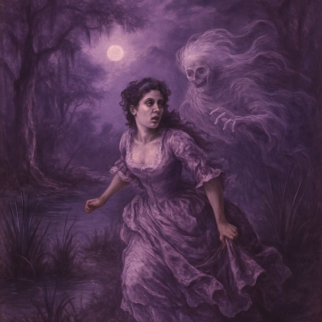 Rococo Painting of Terrified Woman in Purple Swamp