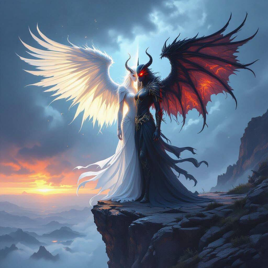 Ethereal Angel-Demon Hybrid on Stormy Cliff