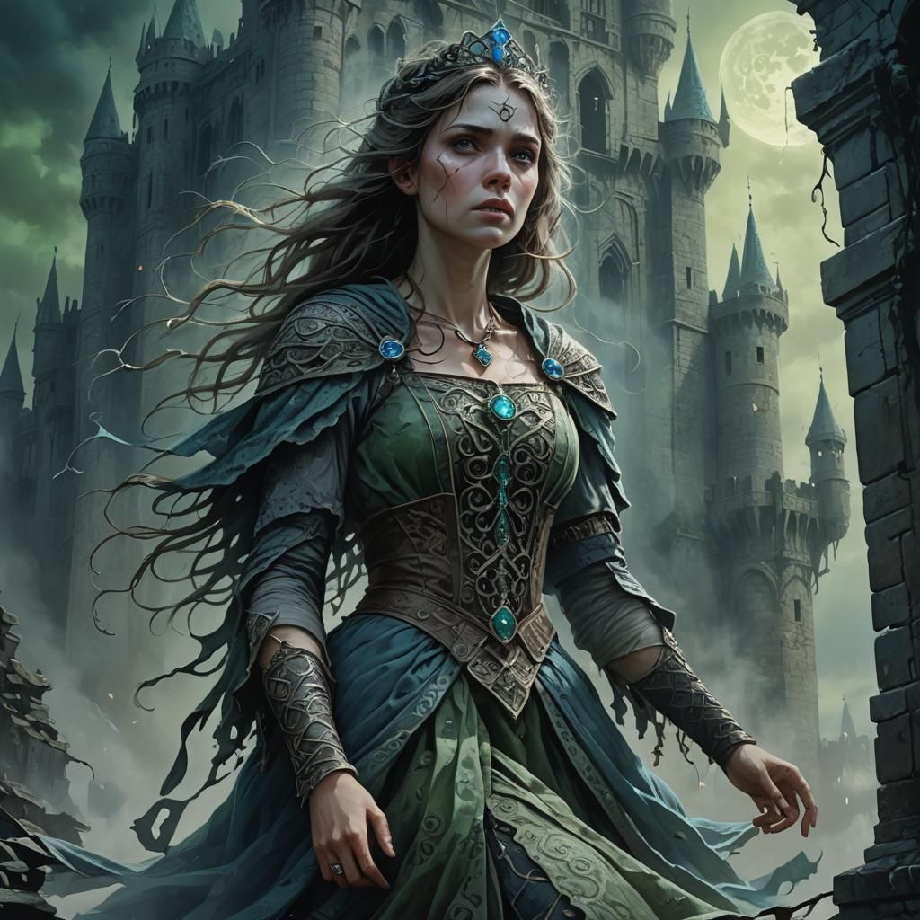 Frightened Princess Flees Ruined Castle in Dark Fantasy Art