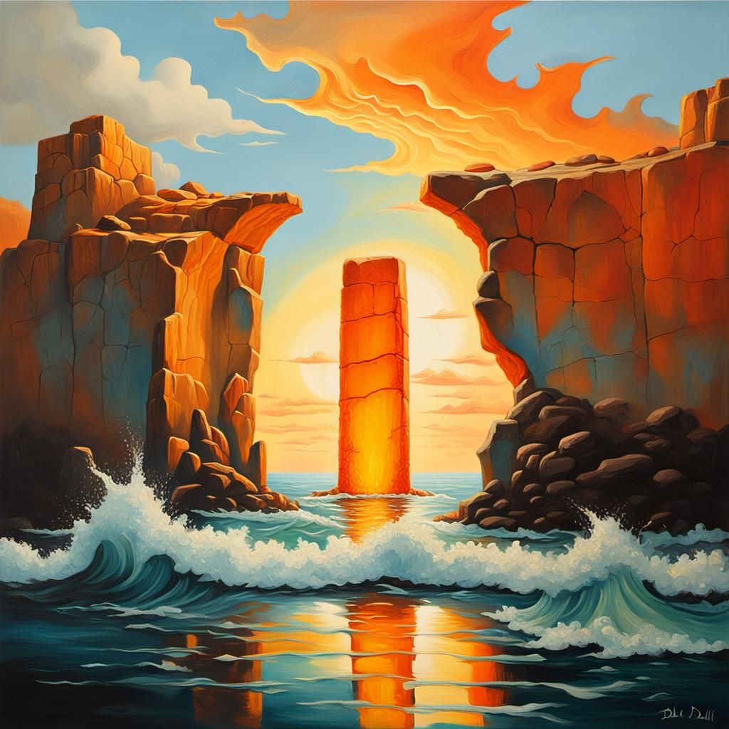 Surreal Bioluminescent Obelisk in Dreamlike Ocean Landscape