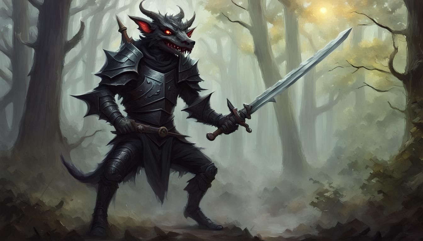 Dark Fantasy Kobold Warrior Emerging from Mists