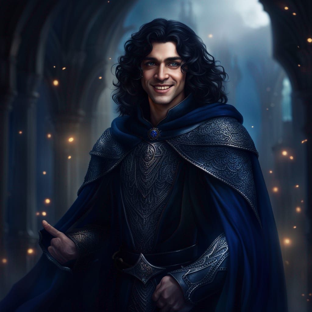 Smiling Elf Man with Black Hair in Detailed Painting