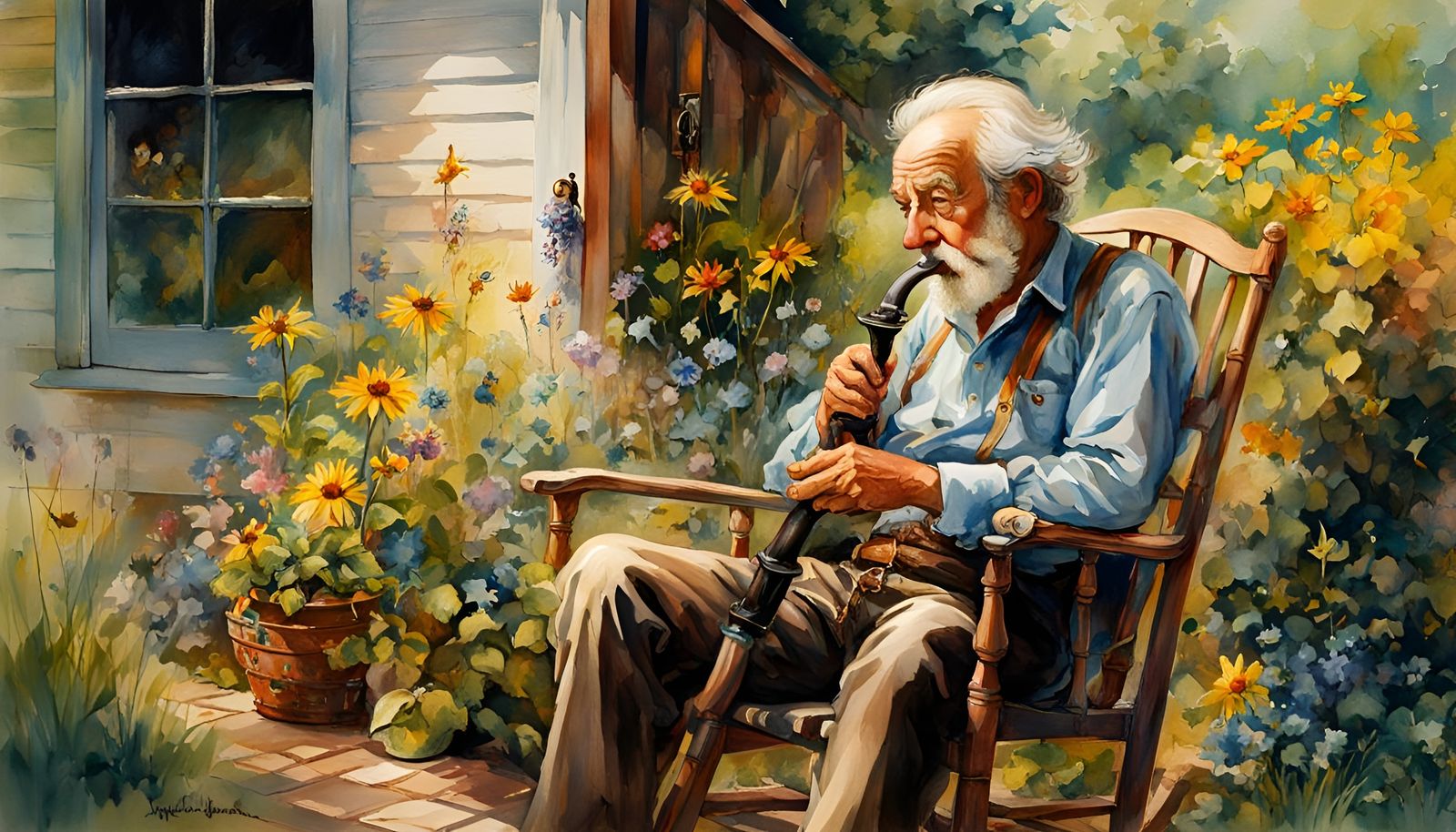 Contented Grandpa on Cottage Porch, Folk Art