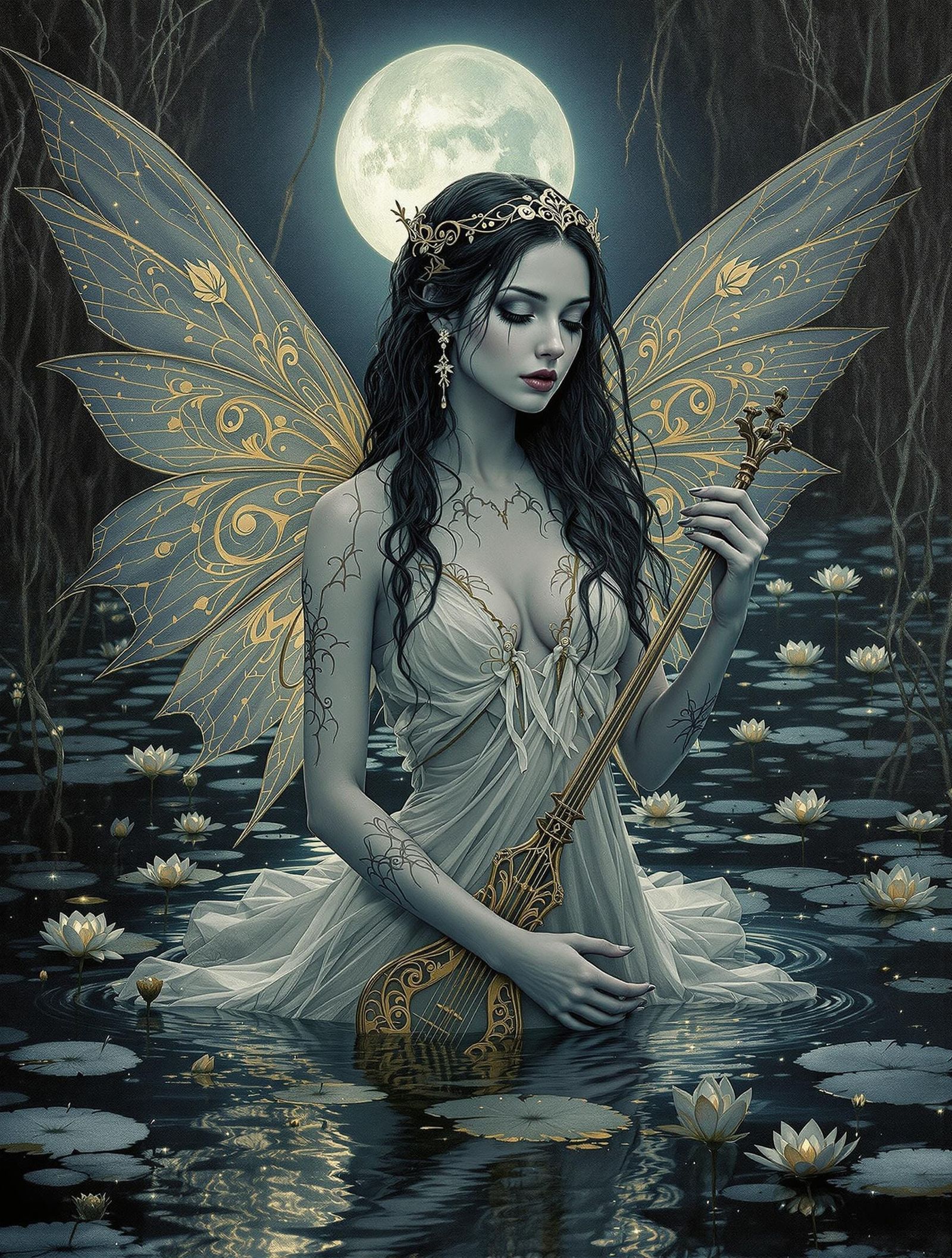 Ethereal Phantom Minstrel Serenades Under Moonlit Willows