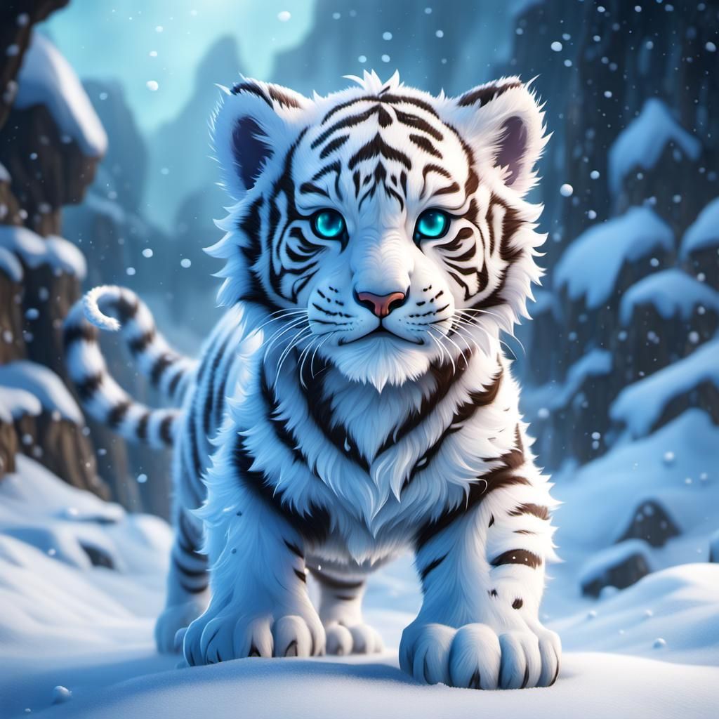 Adorable Baby Snow Tiger in Detailed Digital Painting