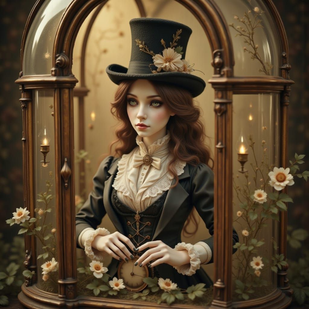 Victorian Doll in a Glass Case, Whimsical and Dreamlike